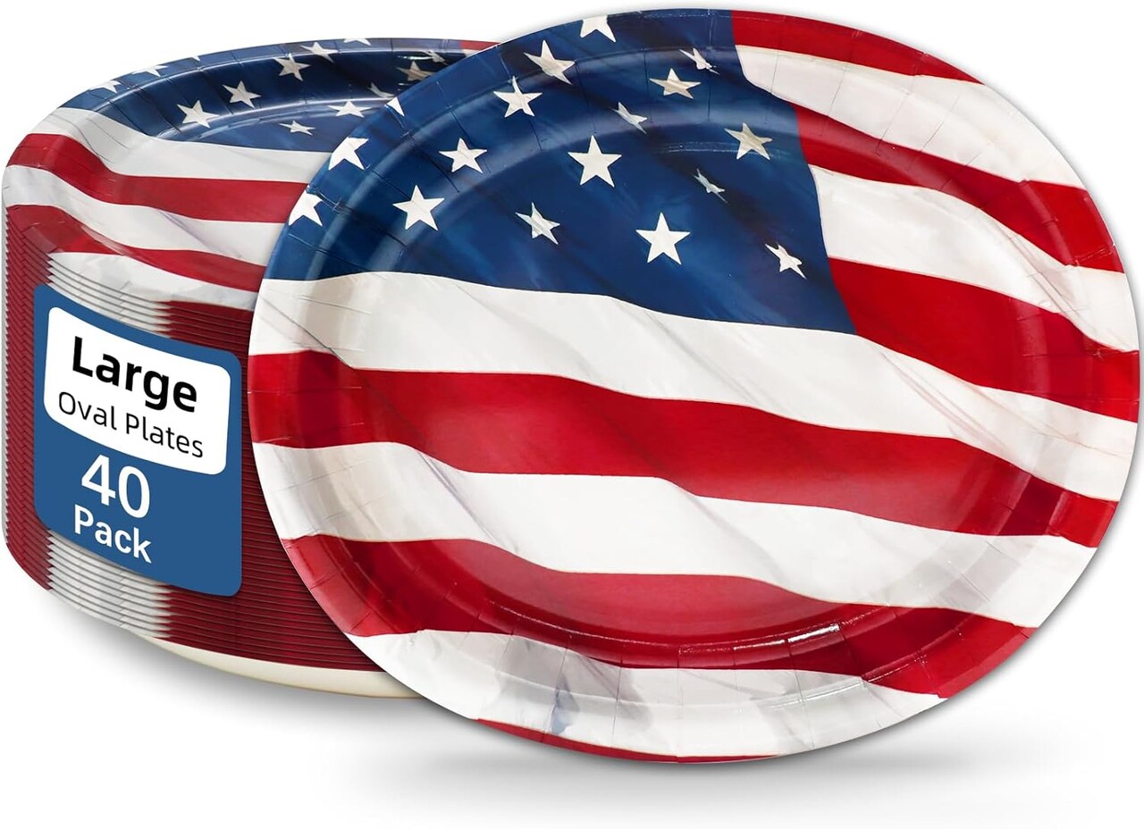 40 Pcs 4th of July Plates 12" x 10" American Flag Themed Oval Plates Large Disposable Heavy Duty Platters for 4th of July Independence Day Party Decorations